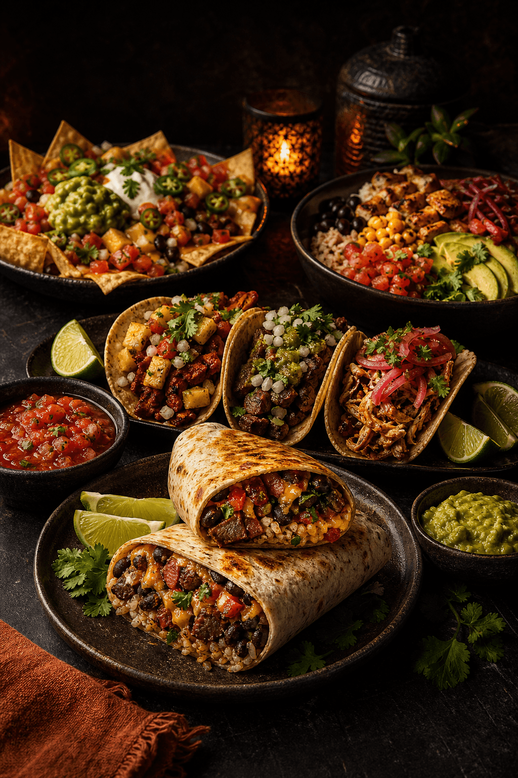 A premium Mexican feast with burritos, tacos, nachos, a fresh bowl, salsa and guacamole
